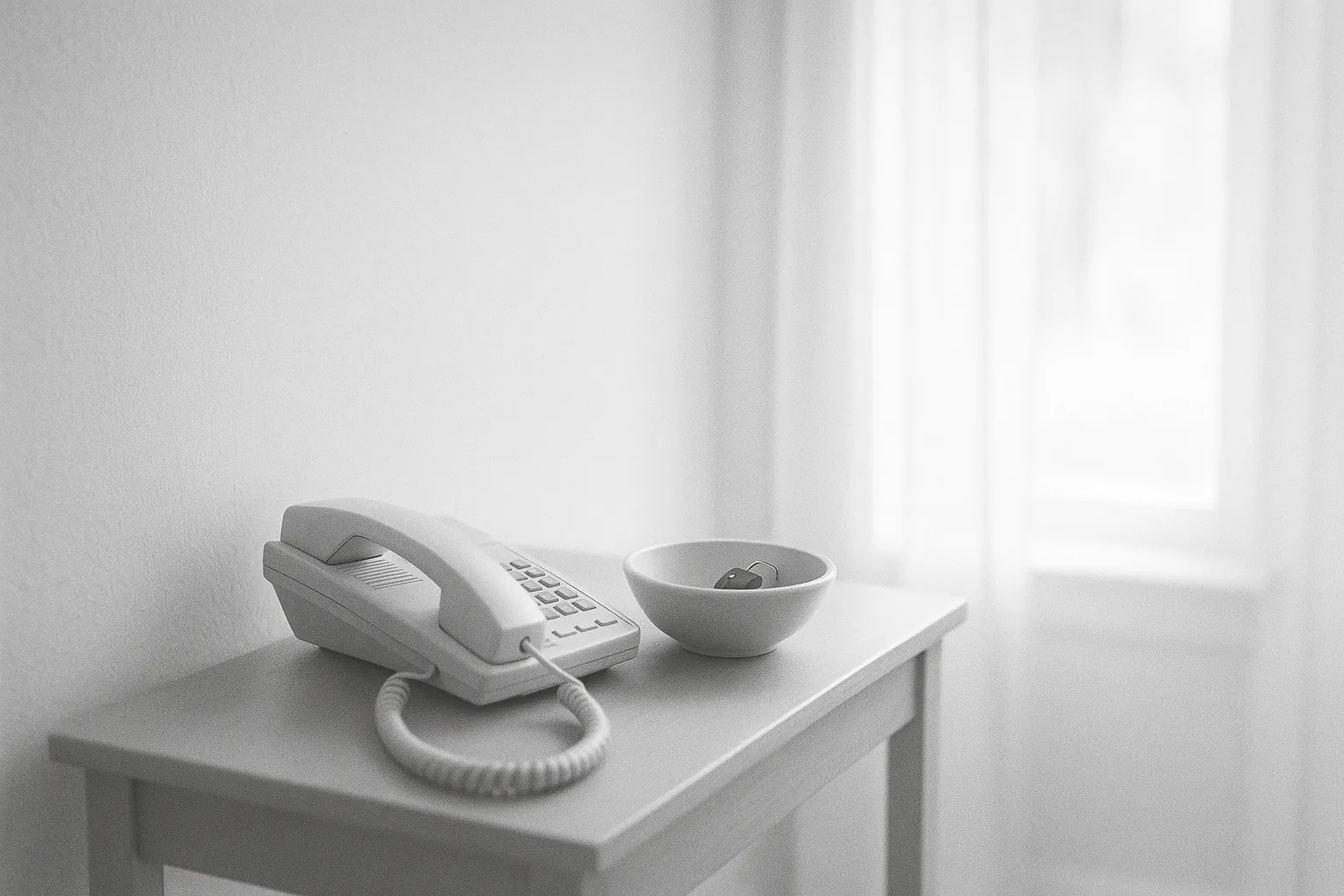Illustration: en sladdtelefon och en bilnyckel på ett hallbord