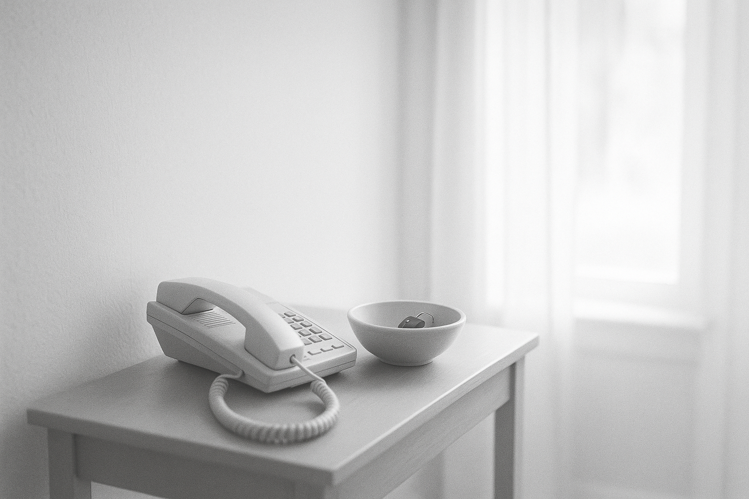 Illustration: en sladdtelefon och en bilnyckel på ett hallbord