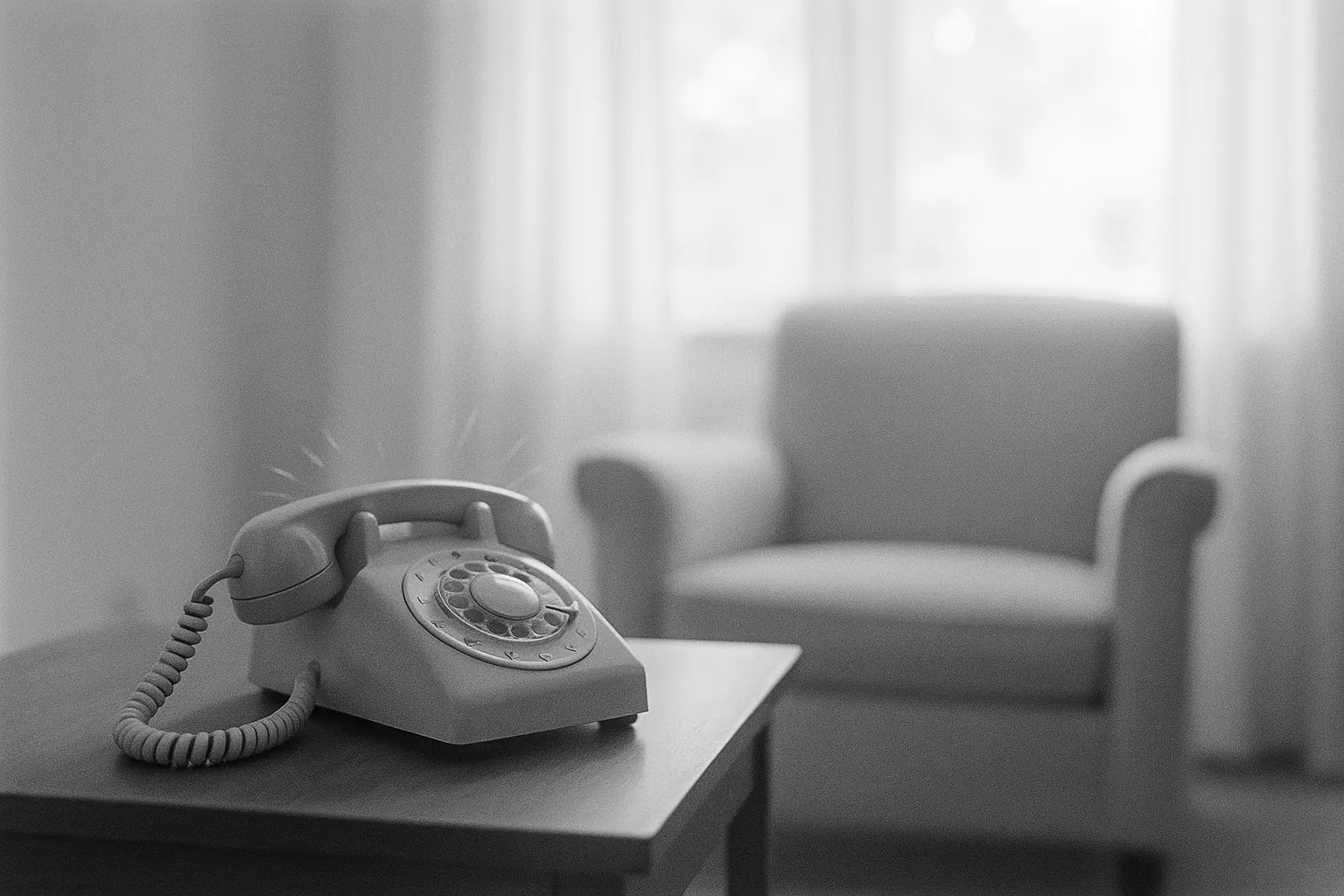 Illustration: en telefon på ett sidobord i ett tyst vardagsrum