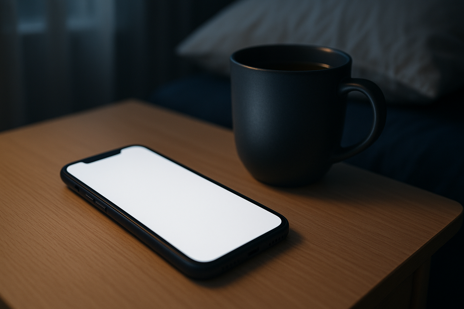 Illustration: en mobiltelefon och en tekopp på ett nattduksbord