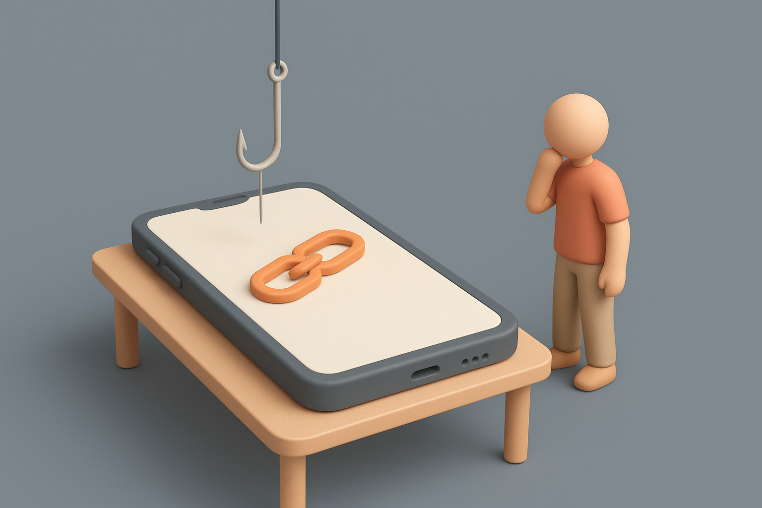 Illustration: en isometrisk scen med en mobiltelefon och en fiskekrok