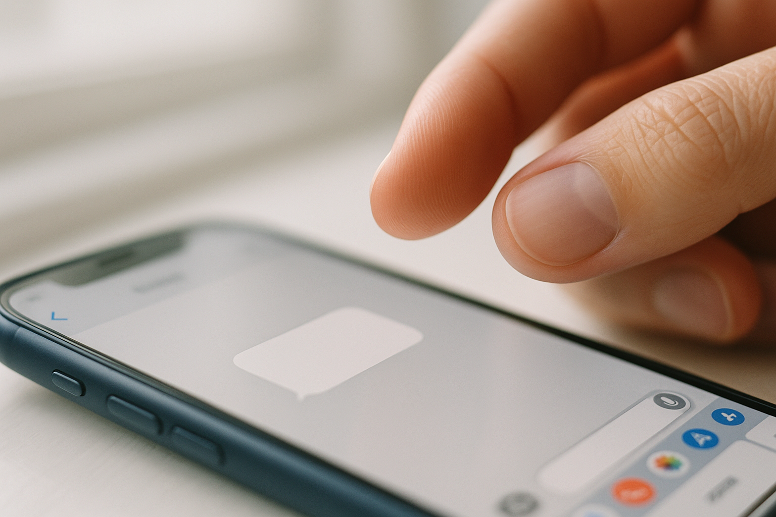 Illustration: en tumme som svävar över en mobiltelefon med ett sms