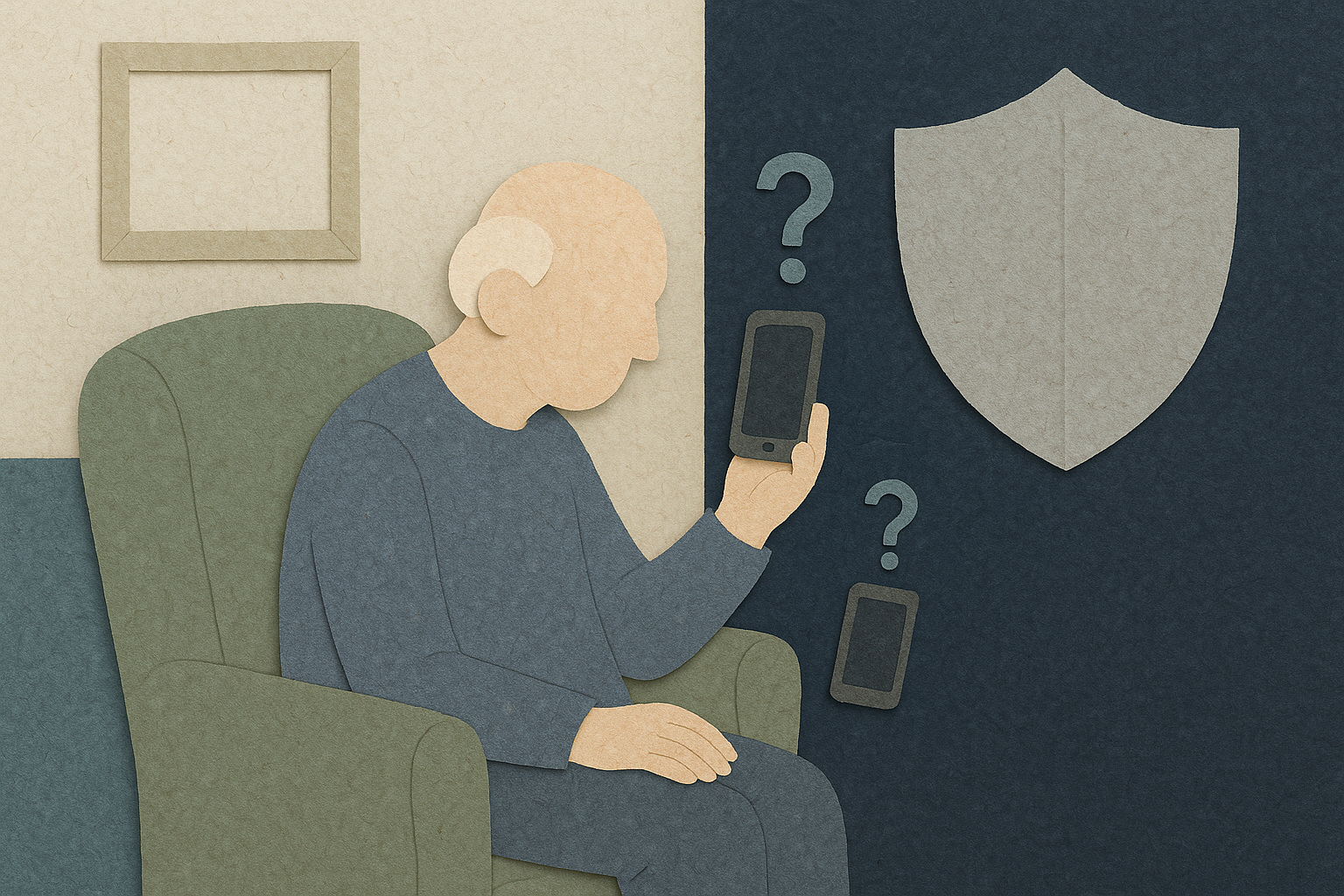 Illustration: en papperskollage med en äldre figur, en mobiltelefon och en sköld