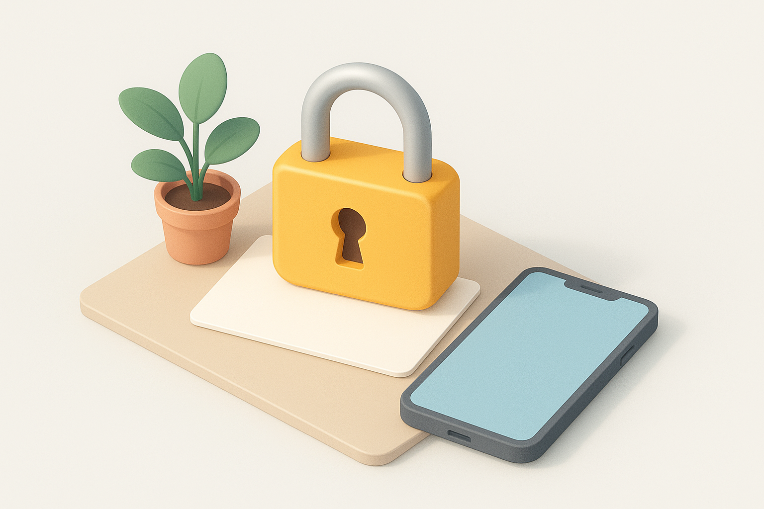Isometrisk illustration: ett stort hänglås som vilar på ett tomt bankkort på ett skrivbord, med en mobiltelefon och en växt bredvid. AI-genererad bild.