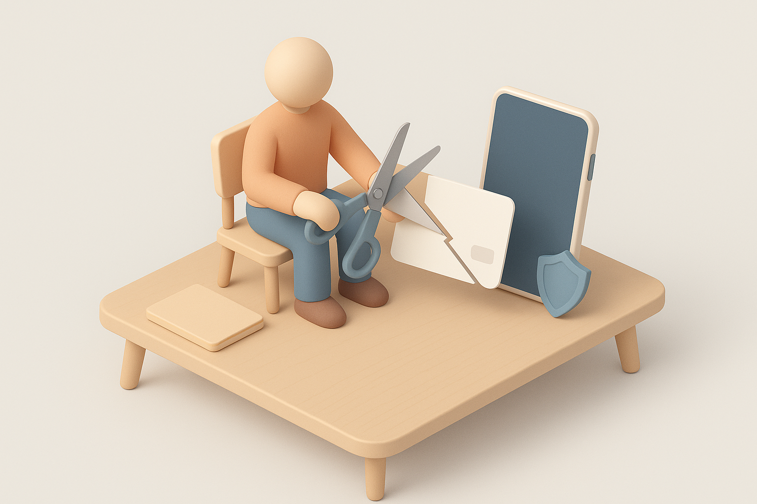 Isometrisk illustration: en neutral figur klipper sönder ett tomt bankkort vid ett skrivbord, med en mobiltelefon och en liten sköld bredvid. AI-genererad bild.