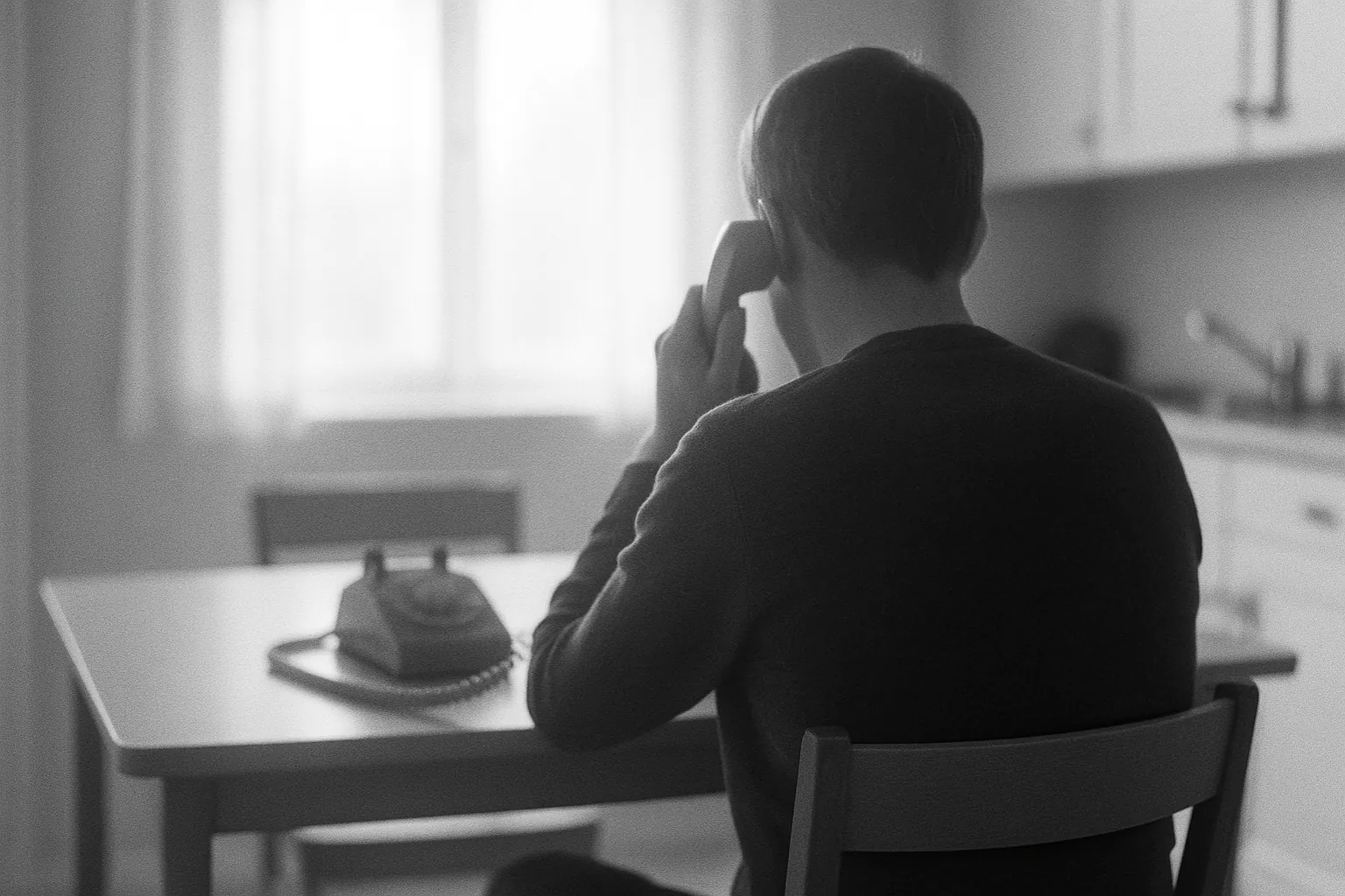Illustration: en person bakifrån vid ett köksbord med en telefonlur