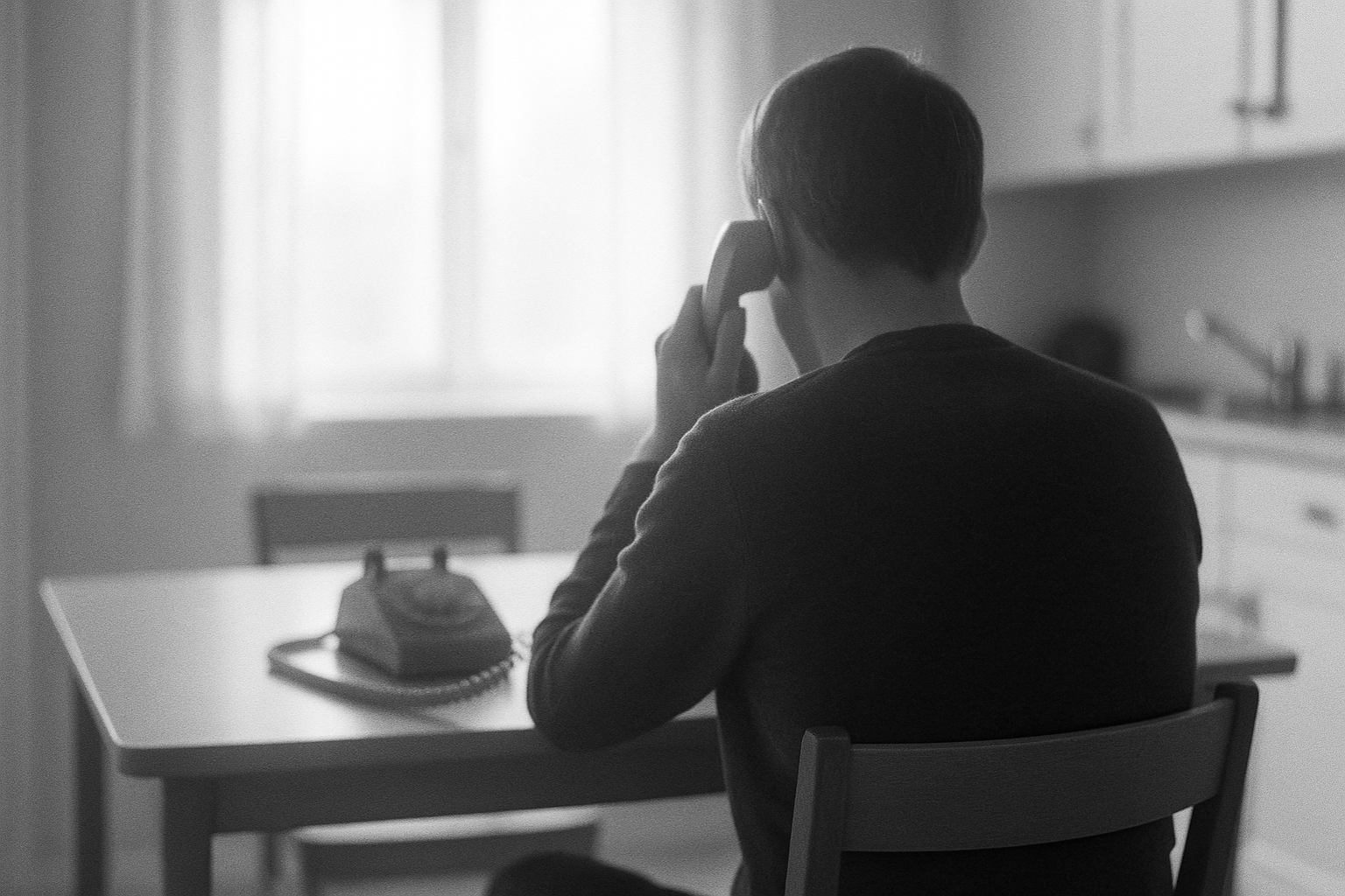 Illustration: en person bakifrån vid ett köksbord med en telefonlur