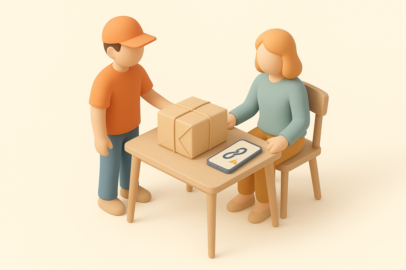Isometrisk illustration: ett paket och en mobiltelefon med en länksymbol och en varningsmarkering på ett bord, två neutrala figurer vid bordet. AI-genererad bild.