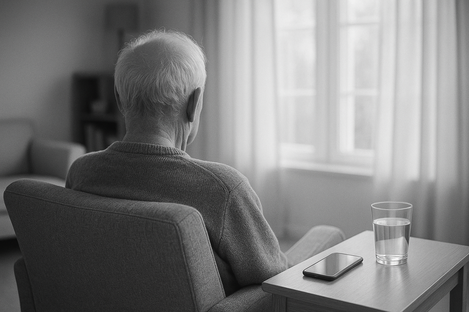 Illustration: en äldre person bakifrån i en fåtölj med en mobiltelefon på bordet
