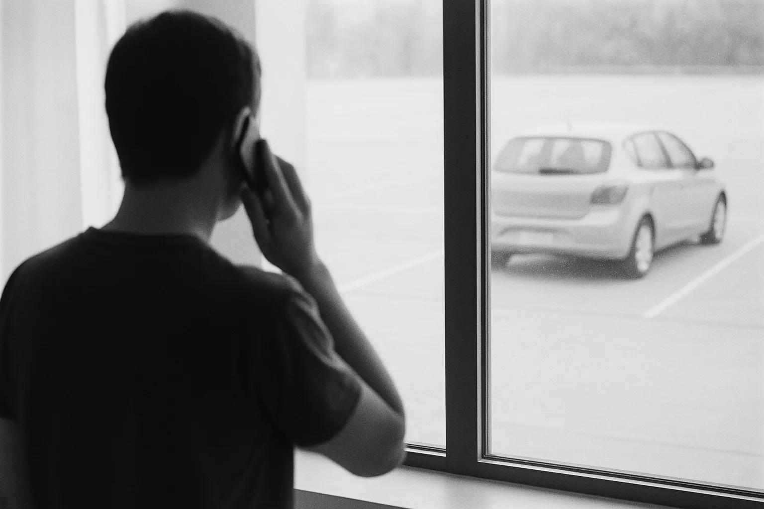 Illustration: svartvitt pressfoto av en person sedd bakifrån som talar i mobiltelefon vid ett fönster, och utanför fönstret står en bil ensam på en parkering. Inget ansikte syns, ingen text. AI-genererad bild.