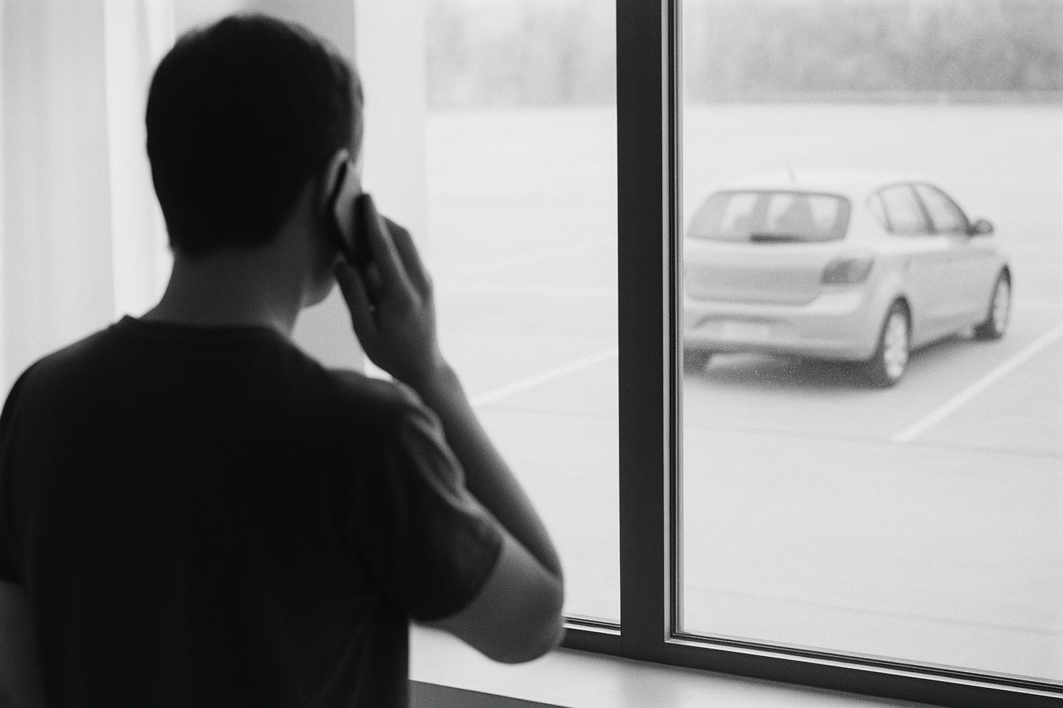 Illustration: svartvitt pressfoto av en person sedd bakifrån som talar i mobiltelefon vid ett fönster, och utanför fönstret står en bil ensam på en parkering. Inget ansikte syns, ingen text. AI-genererad bild.