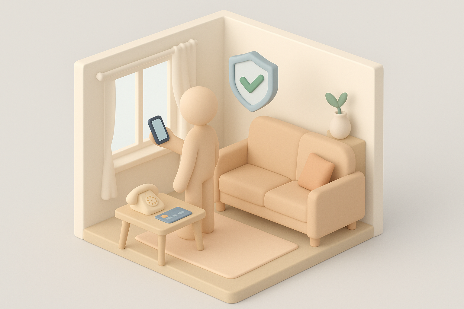 Isometrisk illustration: ett vardagsrum i miniatyr där en ansiktslös figur står vid fönstret med en mobiltelefon, med en sköld med bock, en telefon och ett bankkort på ett bord. AI-genererad bild.