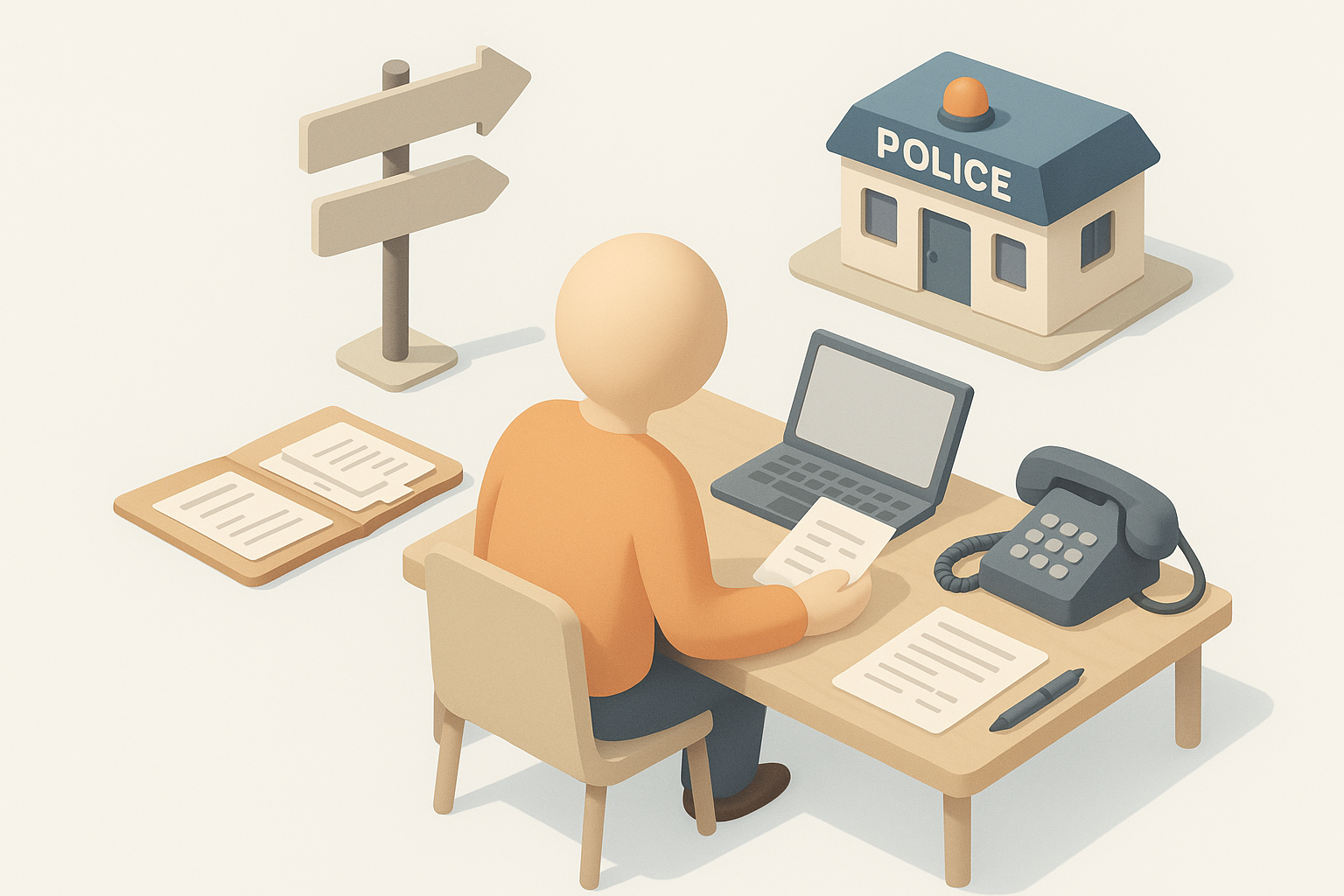 Illustration: en liten isometrisk scen där en ansiktslös person vid ett skrivbord med telefon och papper väljer mellan tre vägar till en polisstation, en dator och en telefonlur