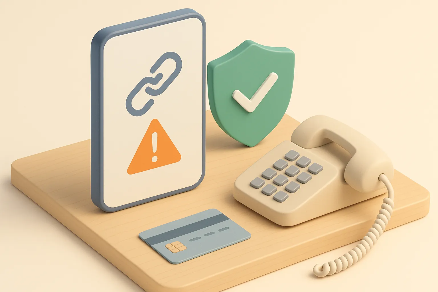 Isometrisk illustration: en stor mobiltelefon med en länksymbol och en orange varningstriangel står på ett bord bredvid en grön sköld med bock, en telefon och ett bankkort.