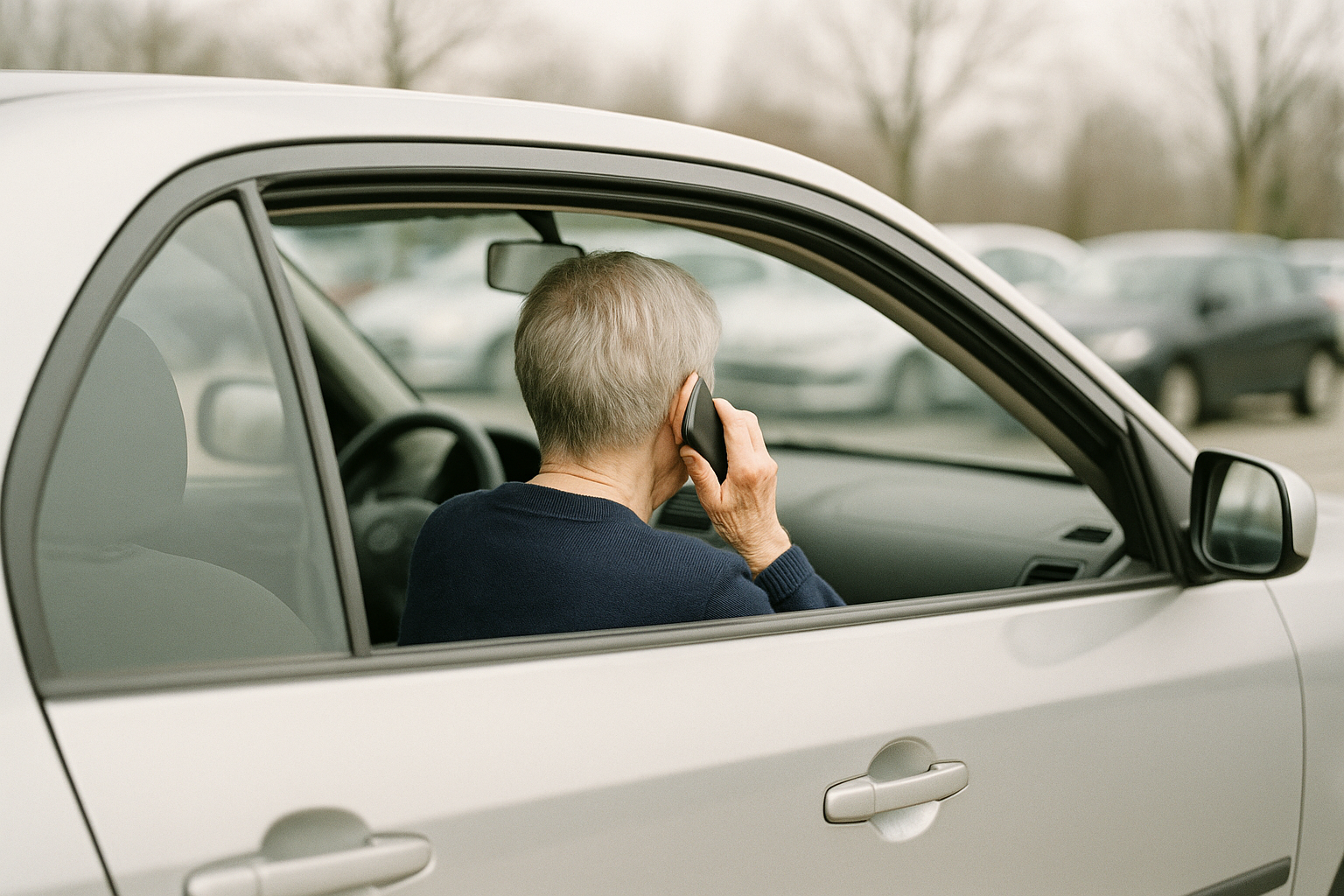 Illustration (AI-genererad): en äldre person med grått hår sedd bakifrån i förarsätet på en parkerad silverfärgad bil, med en mobiltelefon mot örat.