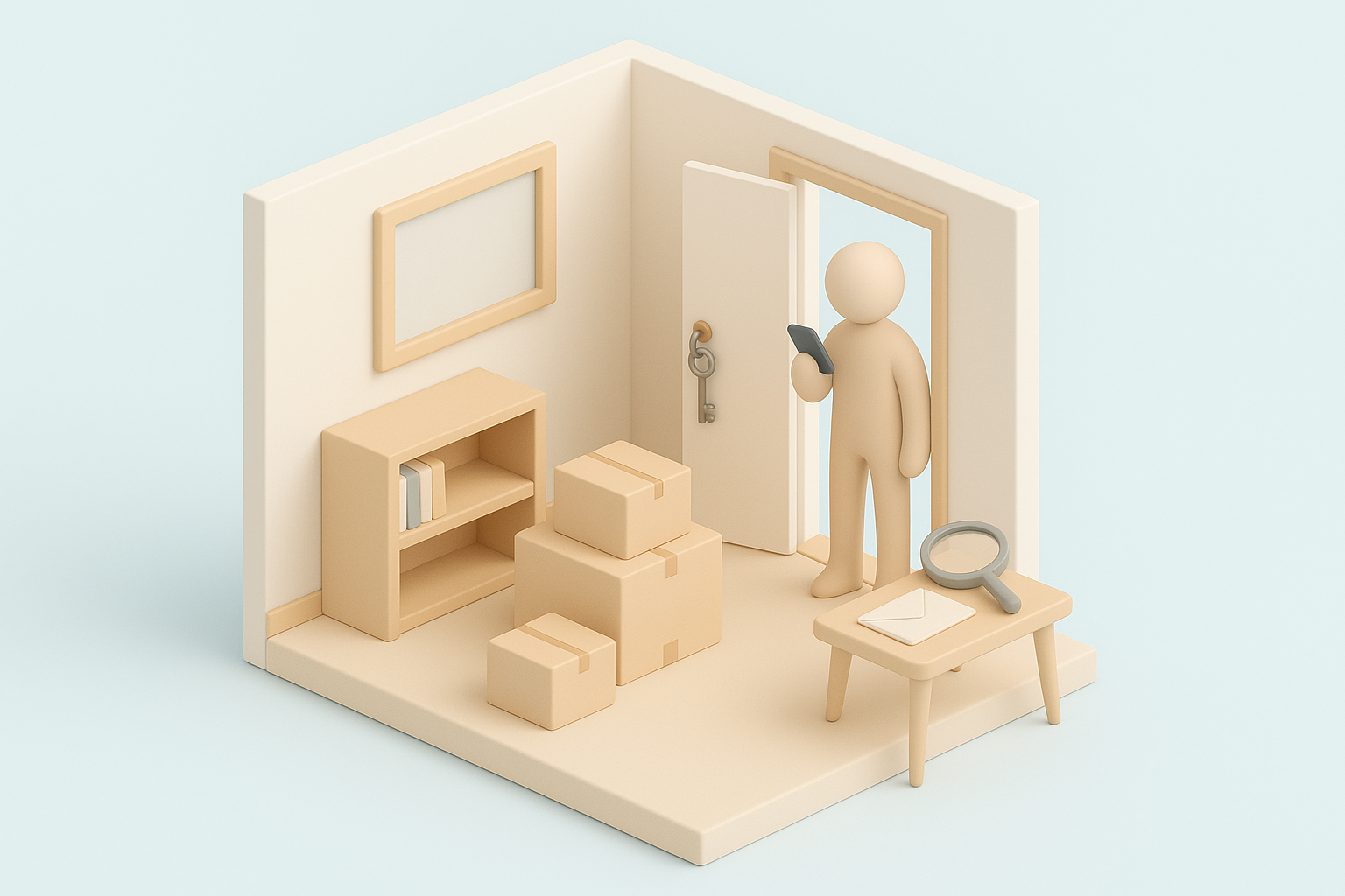 Illustration: ett litet rum med flyttlådor och en nyckel på en krok, en person med telefon vid dörren och ett förstoringsglas på ett bord.