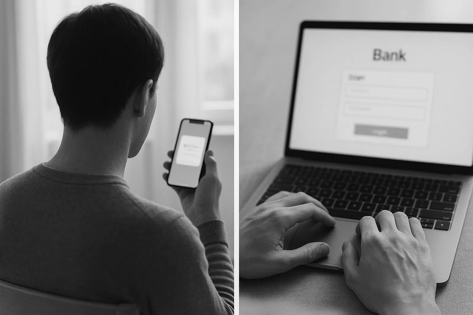 Illustration: en person läser ett sms på mobilen och loggar in på en bärbar dator