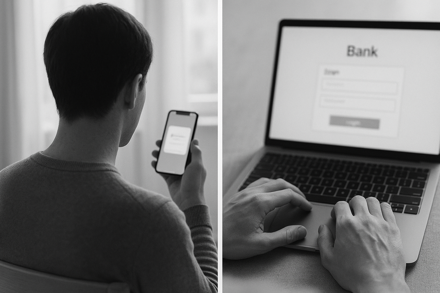 Illustration: en person läser ett sms på mobilen och loggar in på en bärbar dator