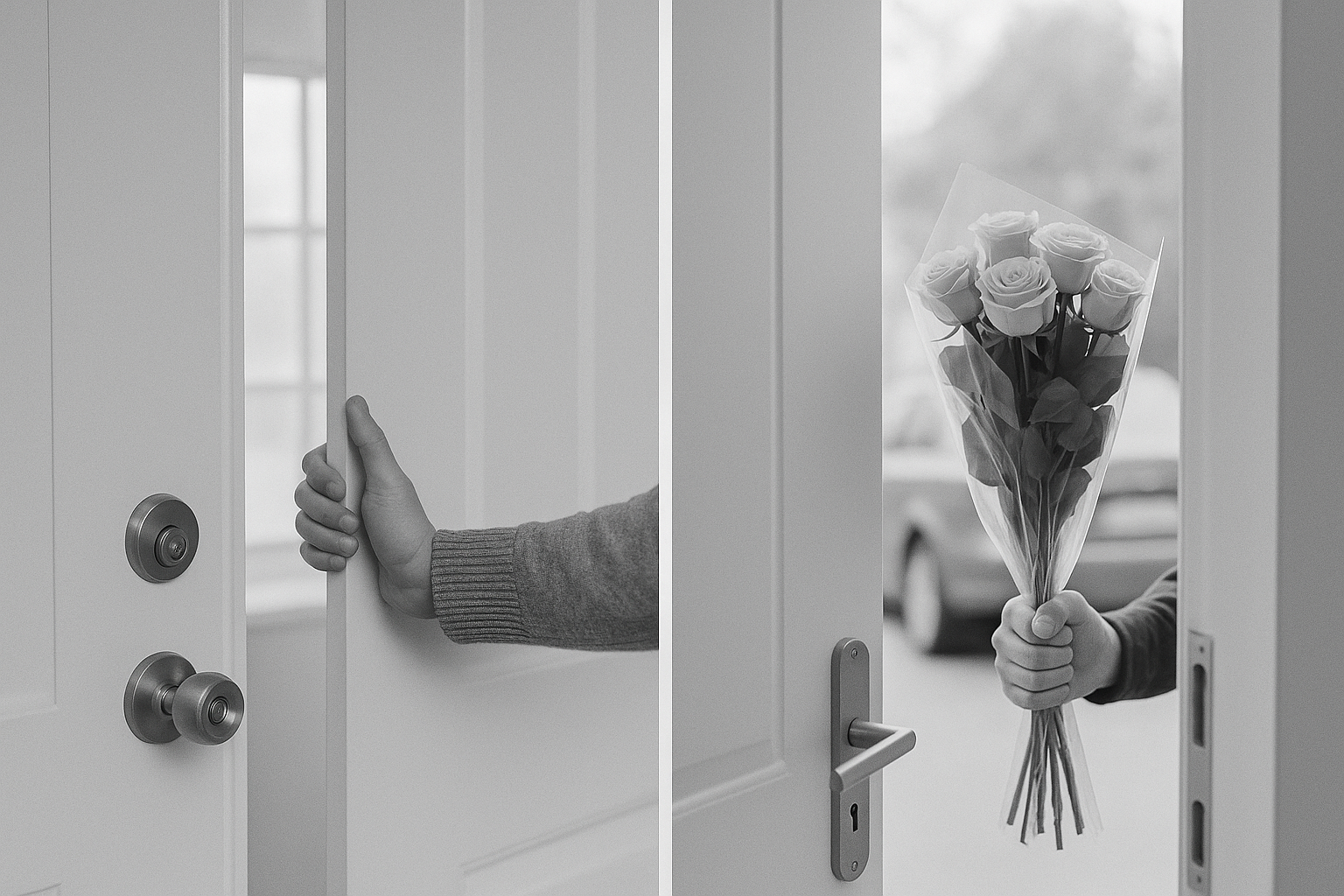 Illustration: en hand som håller emot en dörr som bara öppnats en springa, med en inslagen bukett rosor synlig utanför.