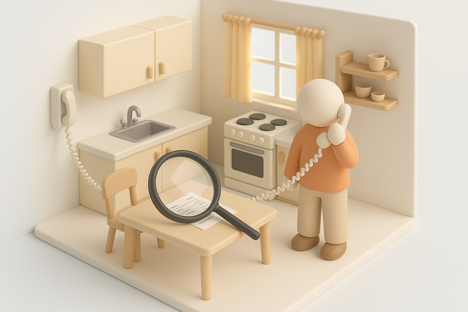 Illustration: en figur pratar i telefon i ett kök medan ett förstoringsglas förstorar en faktura på bordet.