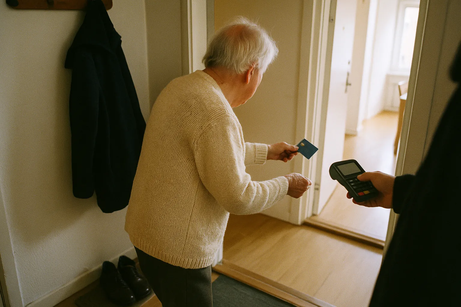 Illustration: en äldre person bakifrån vid ytterdörren håller fram ett bankkort till en besökare