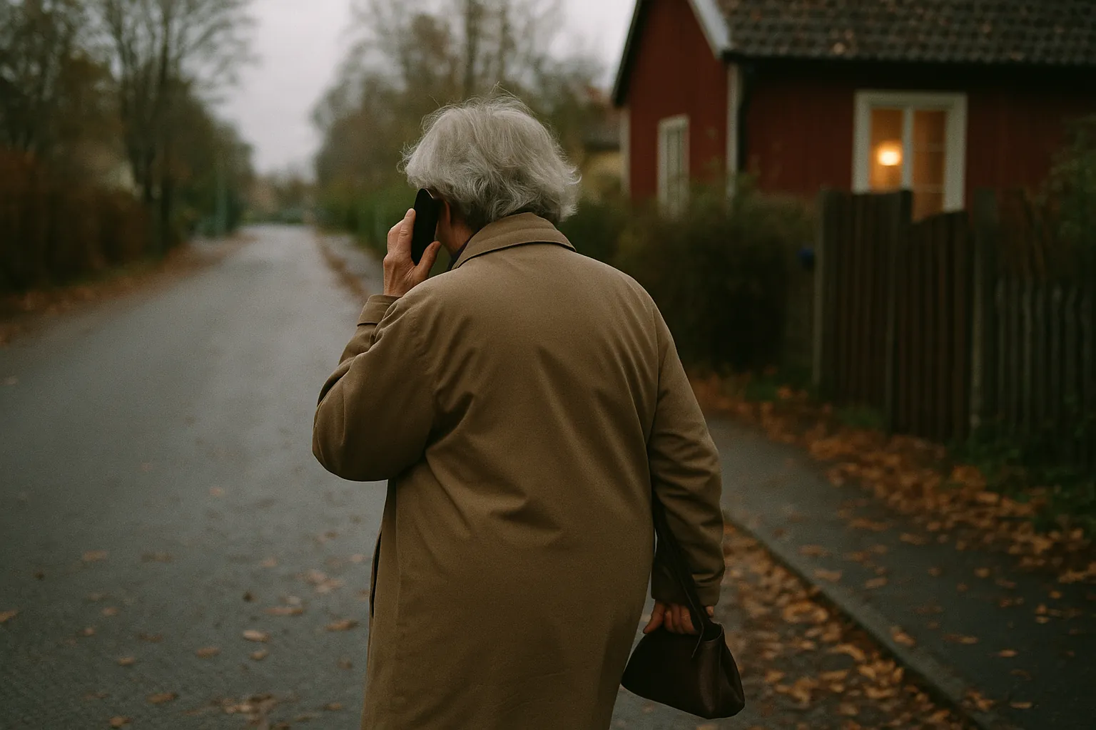 Illustration: en äldre kvinna sedd bakifrån på en höstlig villagata med mobiltelefonen mot örat och handen hårt om väskan