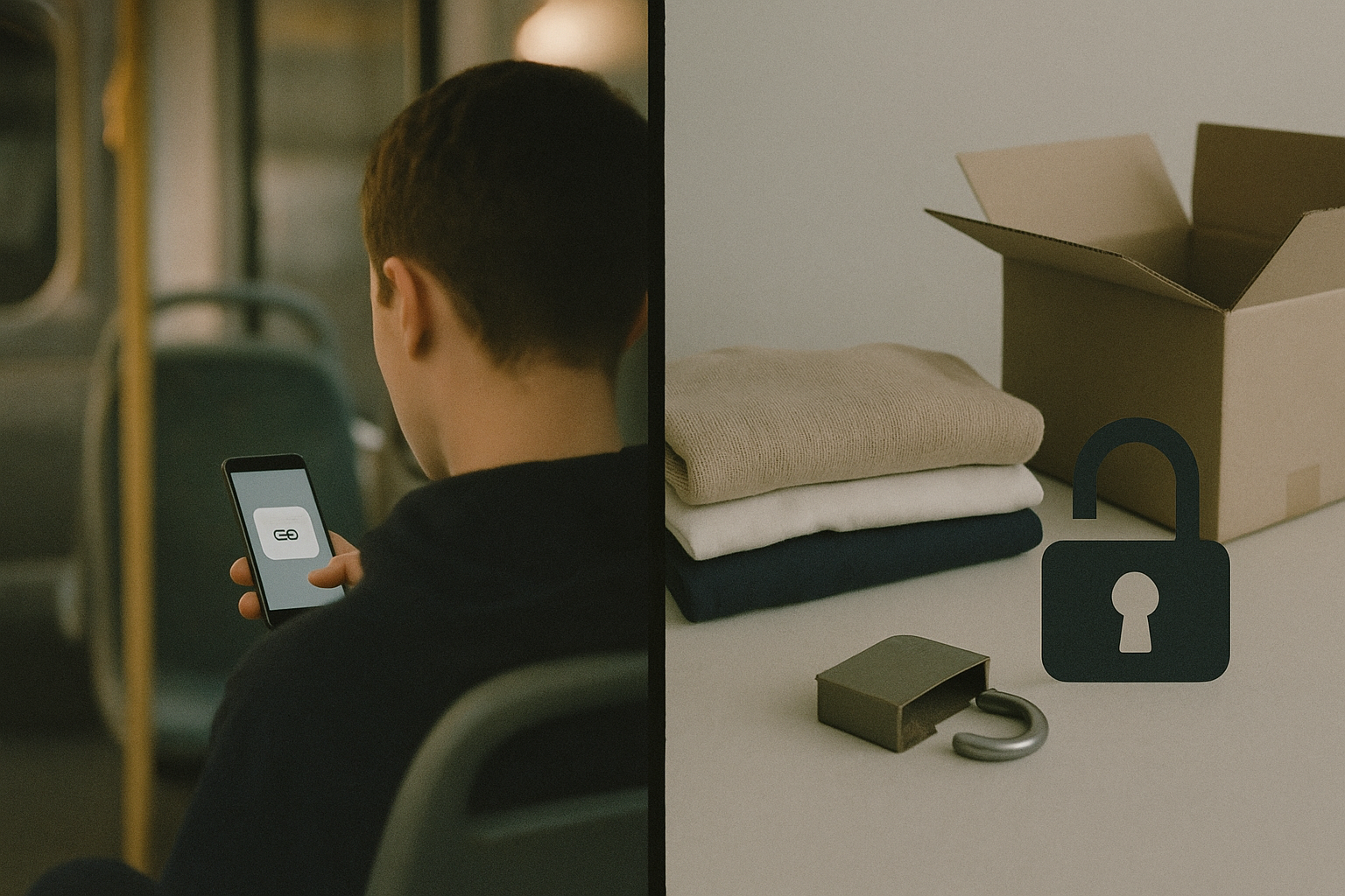Illustration: en person på en buss tittar på en oskarp varningstext i mobilen, bredvid en bild av hopvikta kläder och ett paket med ett brutet hänglås, som symbol för läckta kunduppgifter hos en nätbutik.