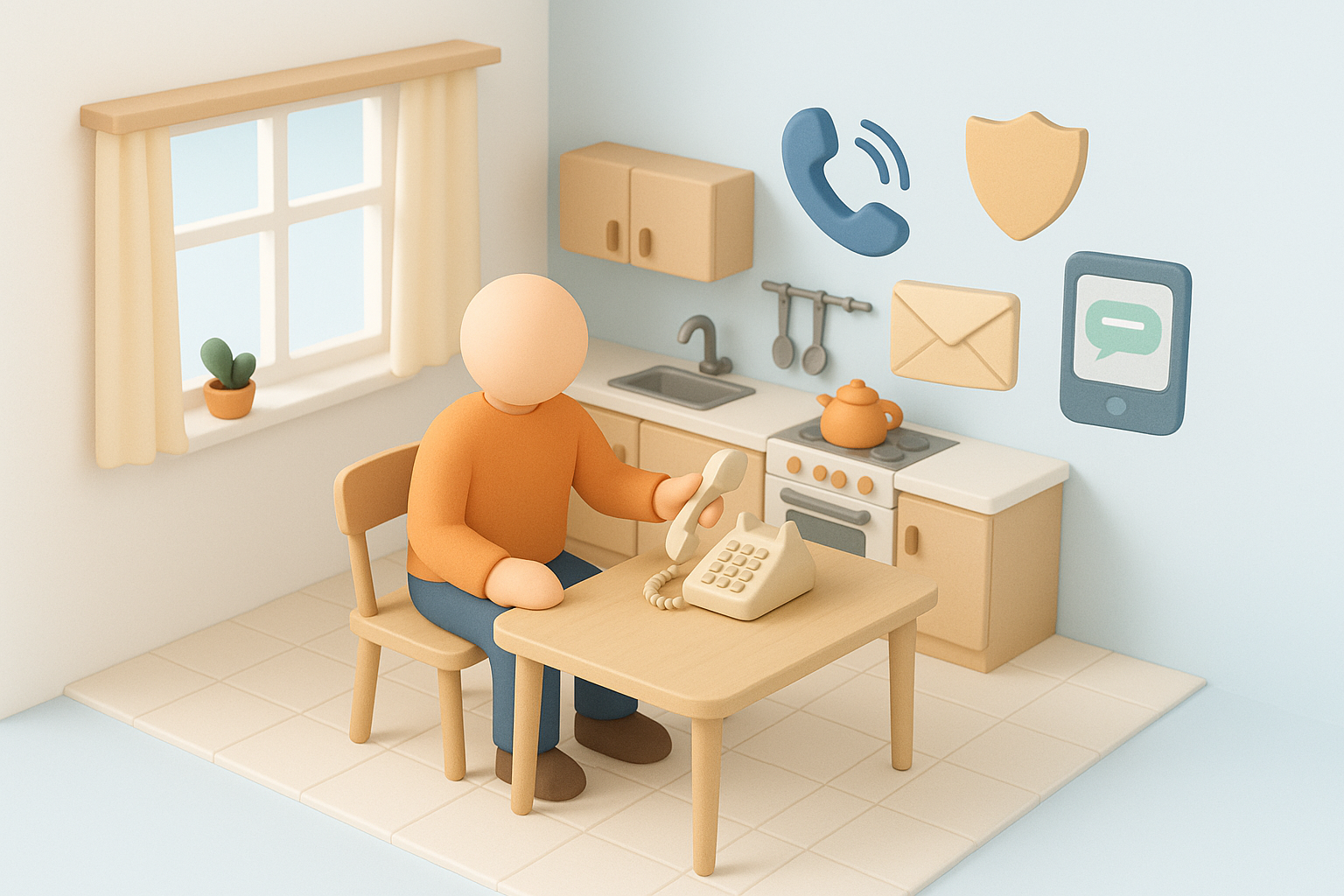 Illustration: en figur lägger lugnt på en telefonlur vid ett köksbord, omgiven av symboliska ikoner för telefon, kuvert, sms och en generisk sköld som inte är polisens emblem.