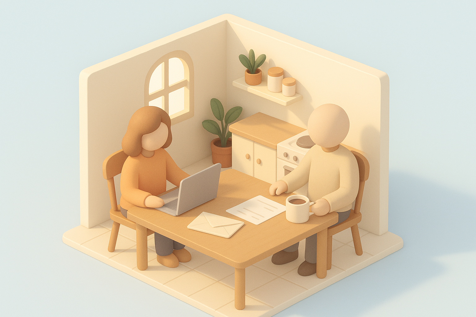 Illustration: en isometrisk miniatyrscen med ett brev och en faktura på ett köksbord bredvid en dator, som symbol för att upptäcka en bluffaktura hemma.