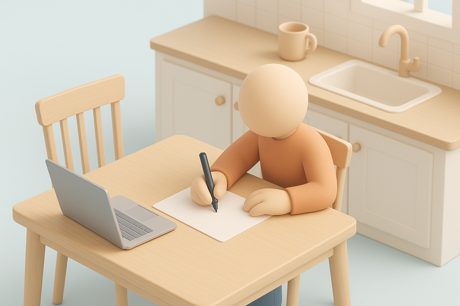 Illustration: en isometrisk miniatyrscen med en hand som skriver ett brev vid samma köksbord, som symbol för att bestrida en bluffaktura skriftligt.