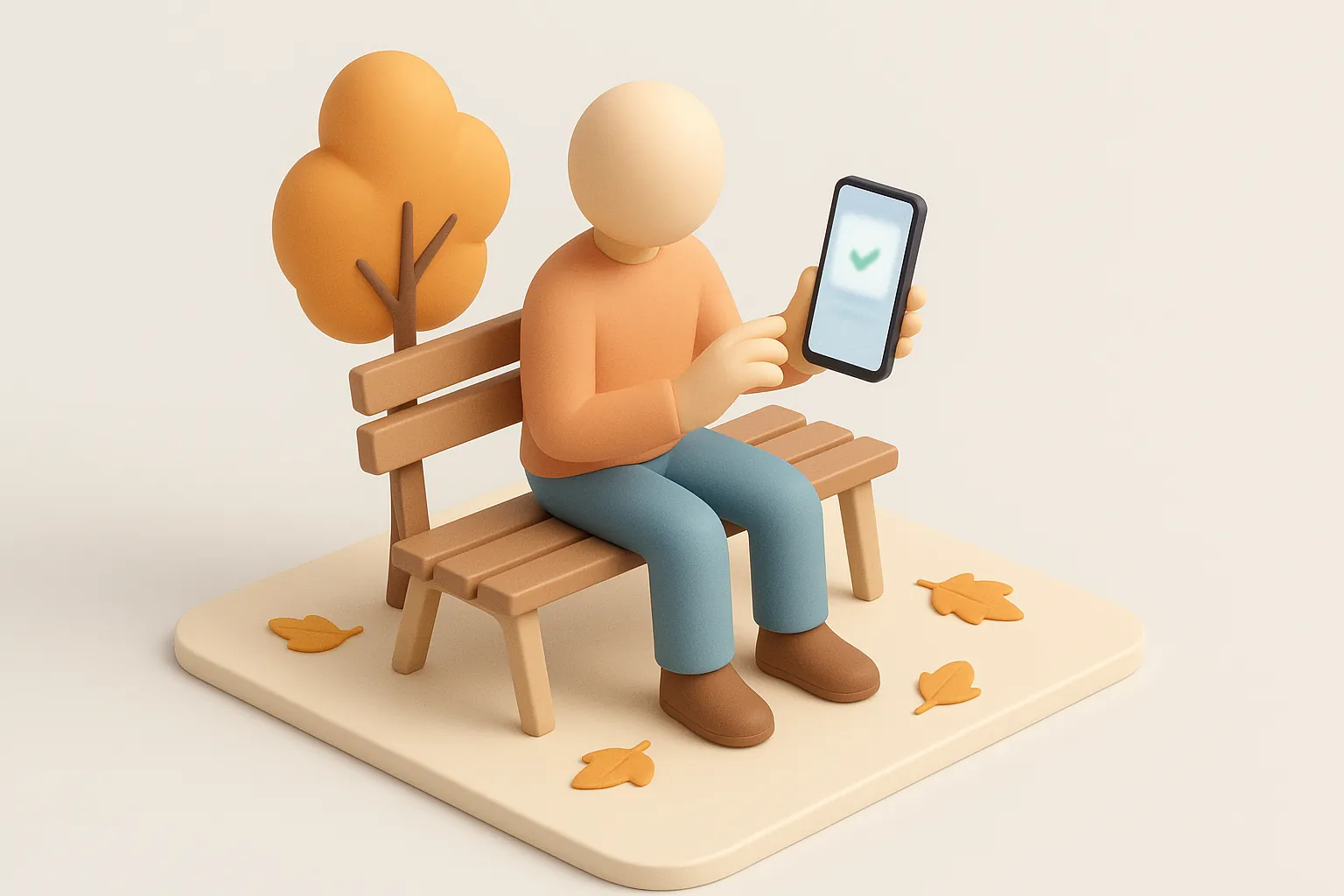 Illustration: en isometrisk miniatyrscen av en person som sitter ensam på en parkbänk utomhus och håller en telefon med en otydlig betalningsskärm, med en hand som tvekar ovanför skärmen innan en betalning bekräftas.