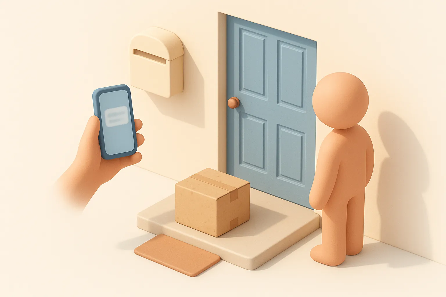 Illustration: en isometrisk miniatyrscen vid en hemmets entré med en brevlåda och ett paket på trappan, och en hand som håller upp en telefon med en otydlig notisruta, som symbol för att kontrollera ett misstänkt leverans-sms vid dörren.