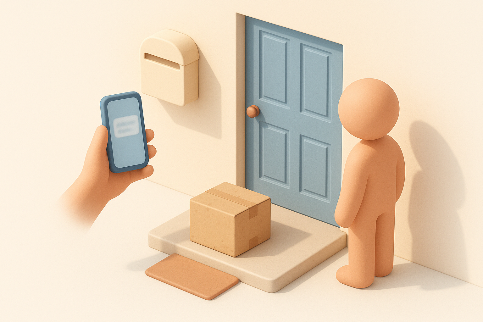 Illustration: en isometrisk miniatyrscen vid en hemmets entré med en brevlåda och ett paket på trappan, och en hand som håller upp en telefon med en otydlig notisruta, som symbol för att kontrollera ett misstänkt leverans-sms vid dörren.