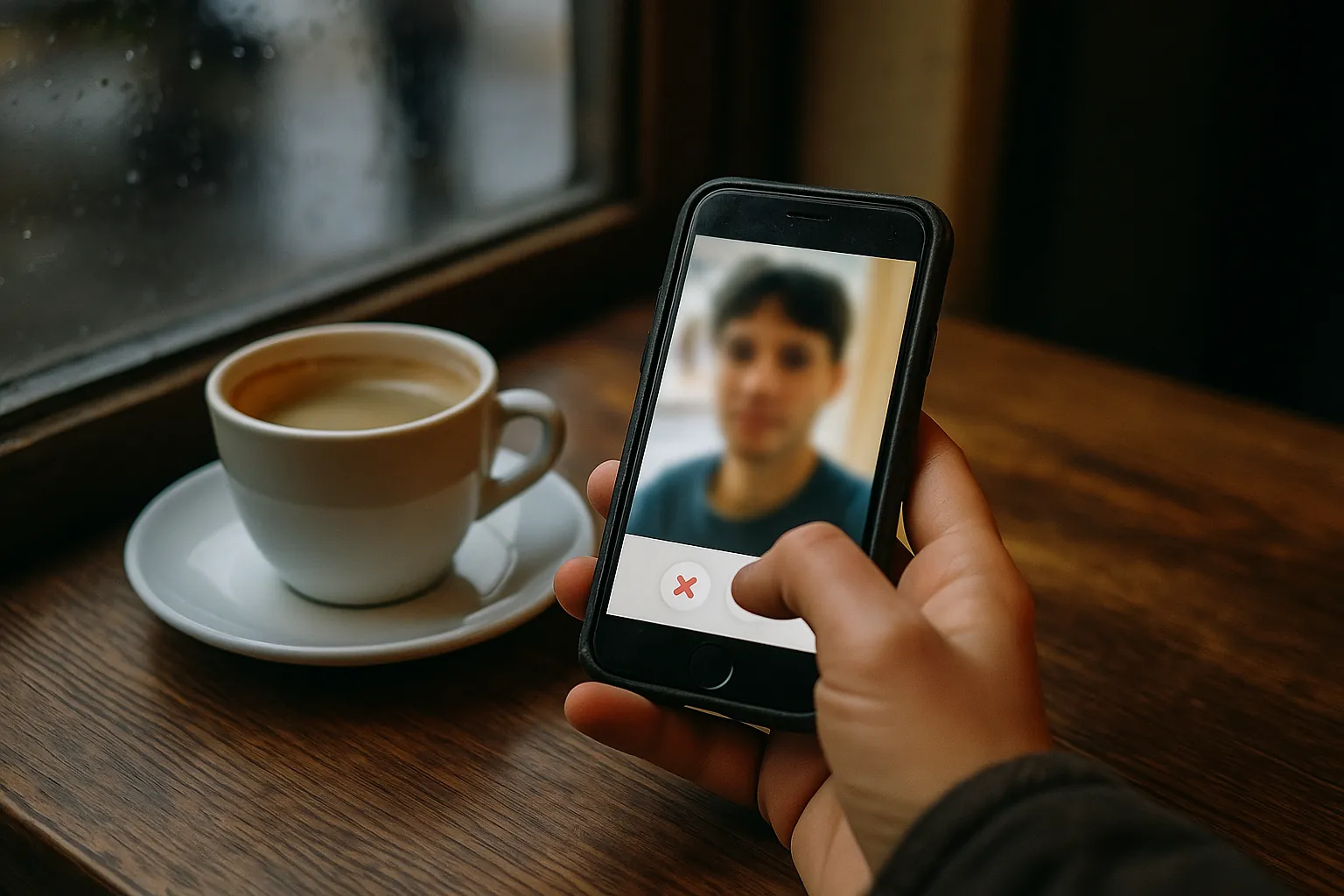 Illustration: anonyma händer håller en mobil med en suddig profilbild och en hjärtsymbol, en kaffekopp bredvid.