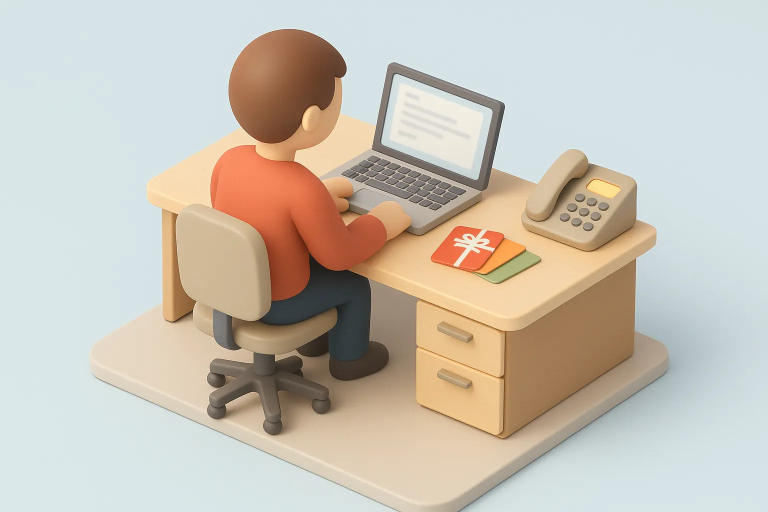Illustration: en medarbetare vid ett skrivbord med dator, några presentkort och en telefon redo att ringa chefen