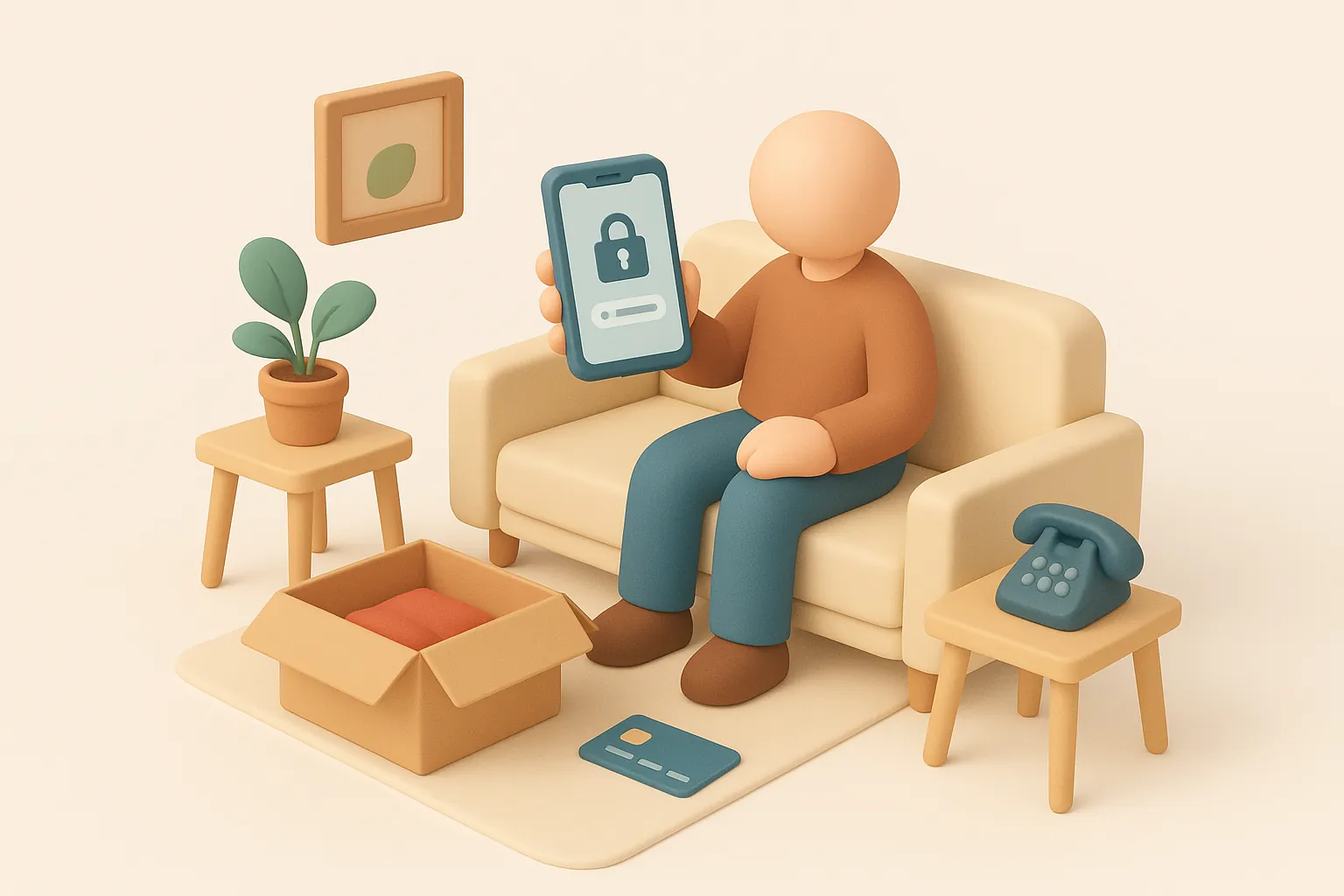 Illustration: en person i en soffa med en mobil, en såld vara i en kartong och ett bankkort redo att spärras