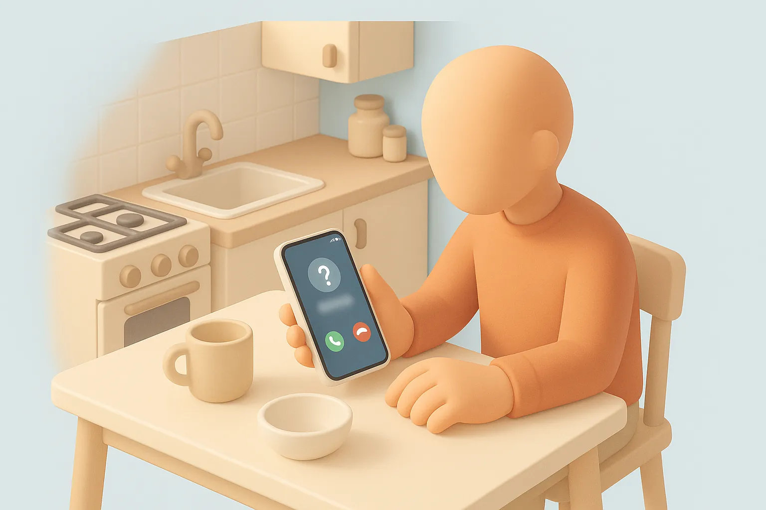 Illustration: En hand håller en telefon vid ett köksbord. Skärmen visar en otydlig samtalsruta med ett frågetecken i stället för ett nummer, en symbol för att numret på skärmen inte går att lita på.