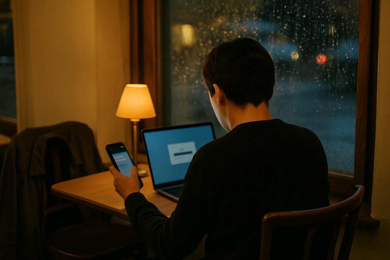 Illustration: en person med mobiltelefon och bärbar dator vid ett bord, med en suddig inloggningsruta på skärmen.