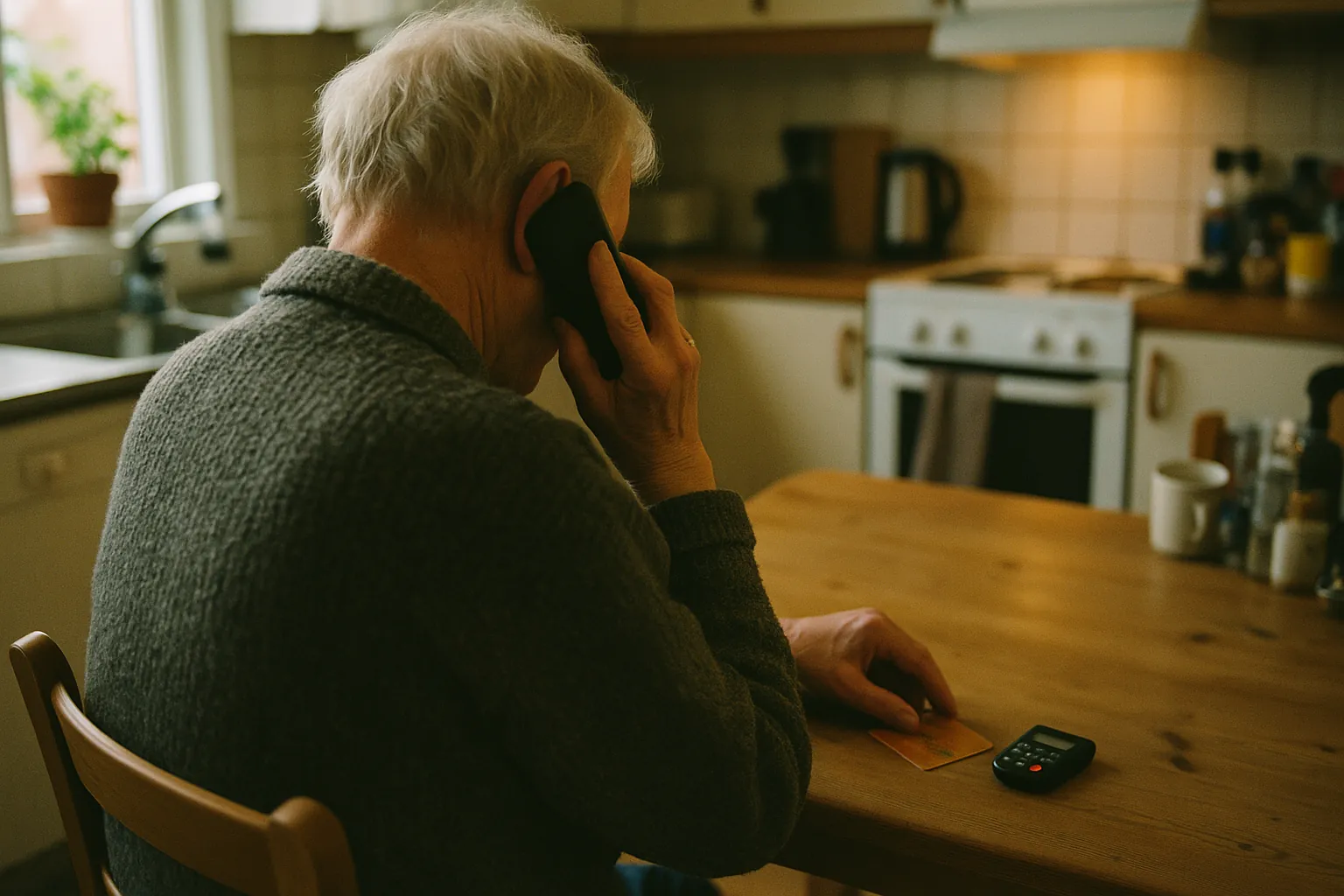 Illustration: en person vid ett köksbord med telefon mot örat och ett bankkort på bordet