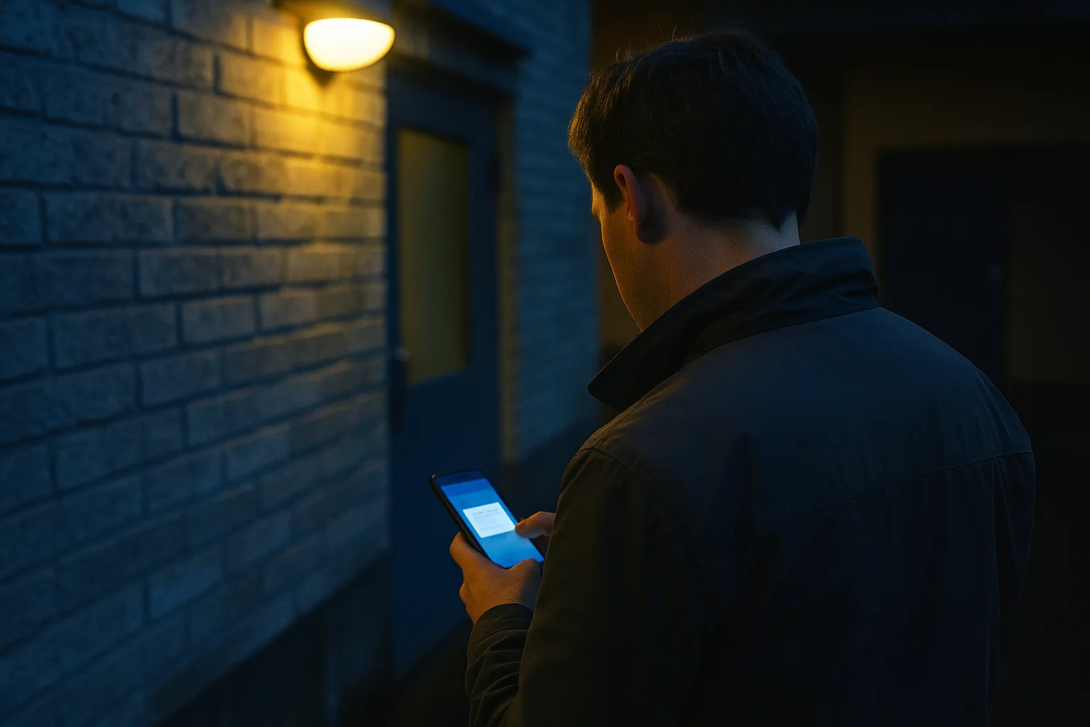 Illustration: en person sedd bakifrån utomhus i skymning håller en mobiltelefon med en suddig notis på skärmen.