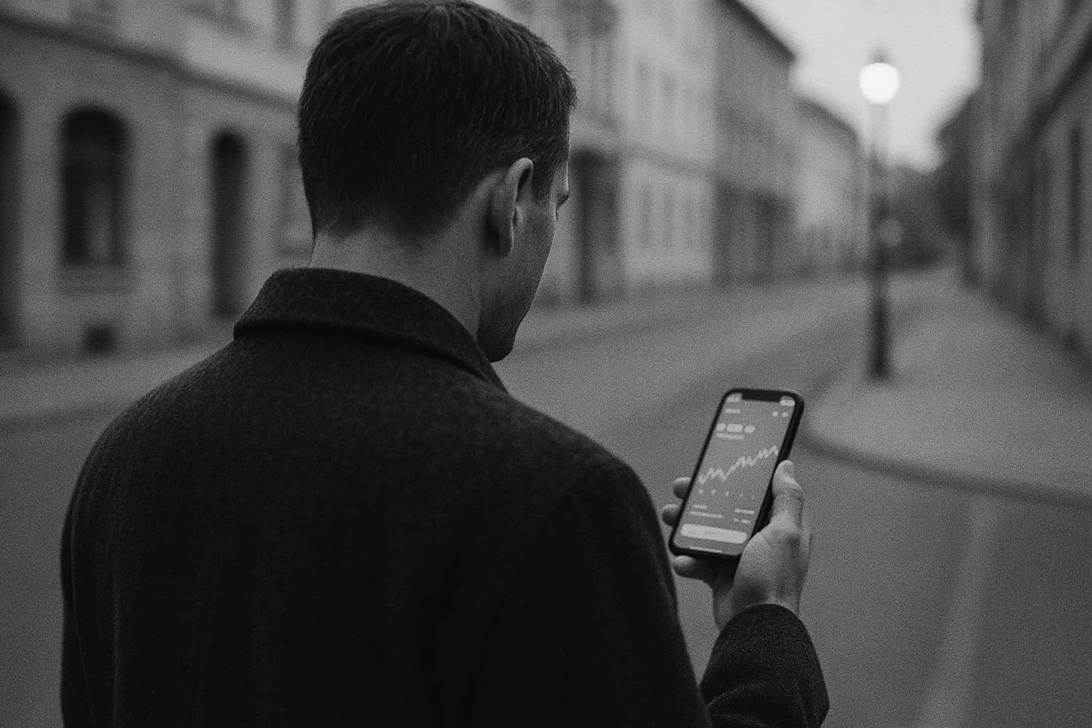 Illustration: en man utomhus på kvällen som tittar på mobilen.
