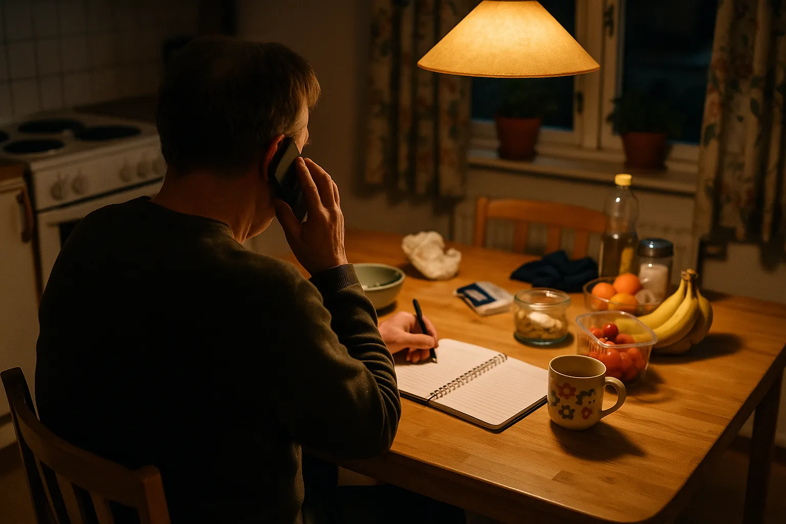 Illustration: en person sedd bakifrån vid ett köksbord pratar i telefon och skriver i ett anteckningsblock.