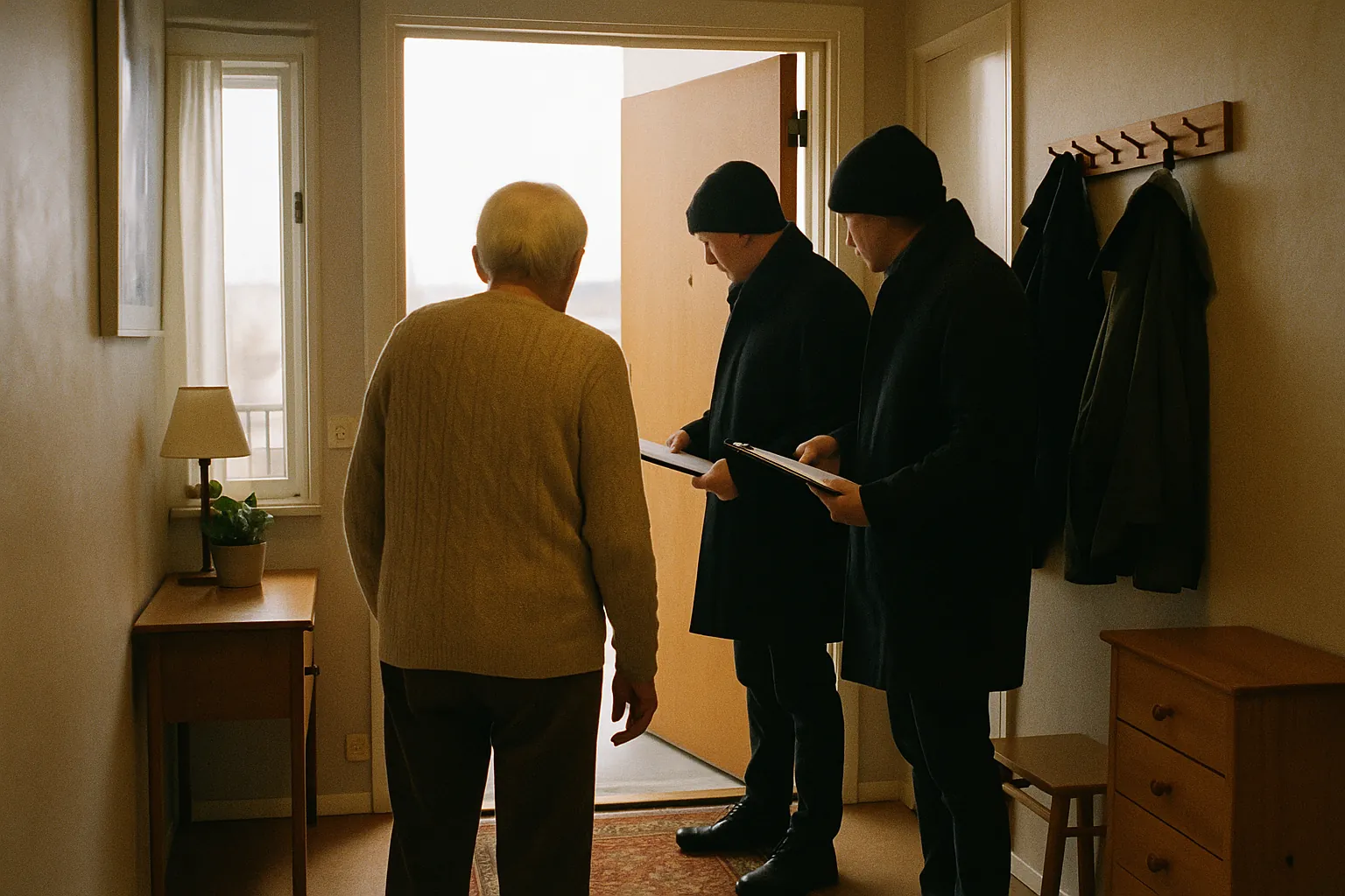 Illustration: en äldre person bakifrån i sin hall, med två besökare som går igenom bostaden.
