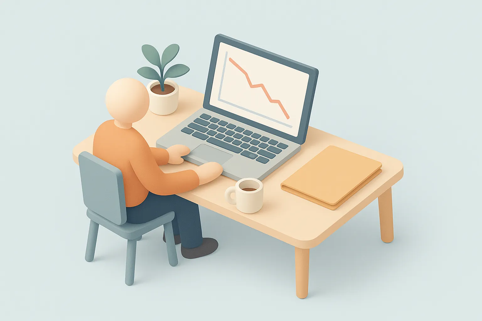 Illustration: en person vid ett skrivbord tittar på en laptop med ett nedåtgående diagram, bredvid ligger en tom mapp.