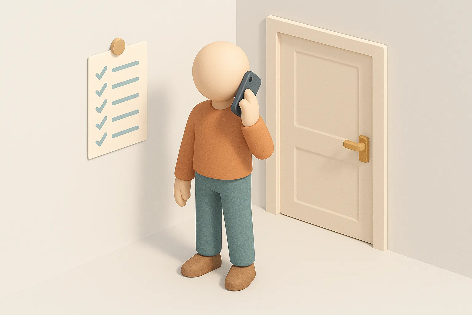 Illustration: en person med en telefon mot örat, med en checklista på väggen och en stängd dörr bredvid.