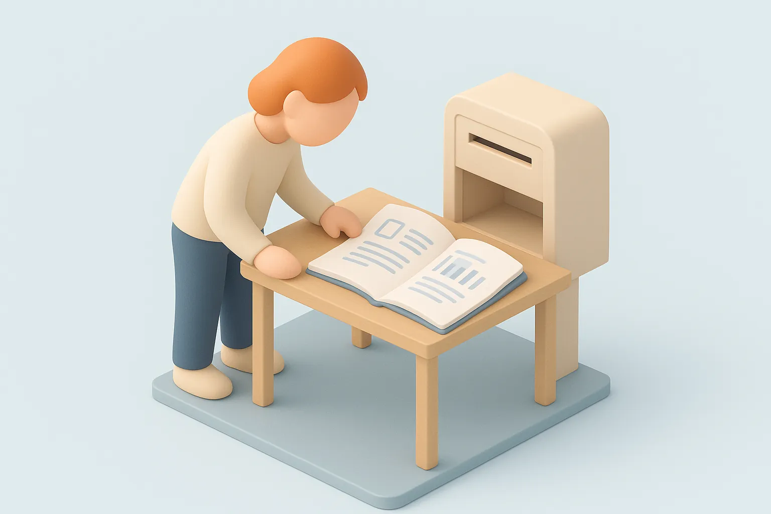 Illustration: en person vid ett hallbord läser en kreditupplysning, bredvid en brevlåda med tom hylla.
