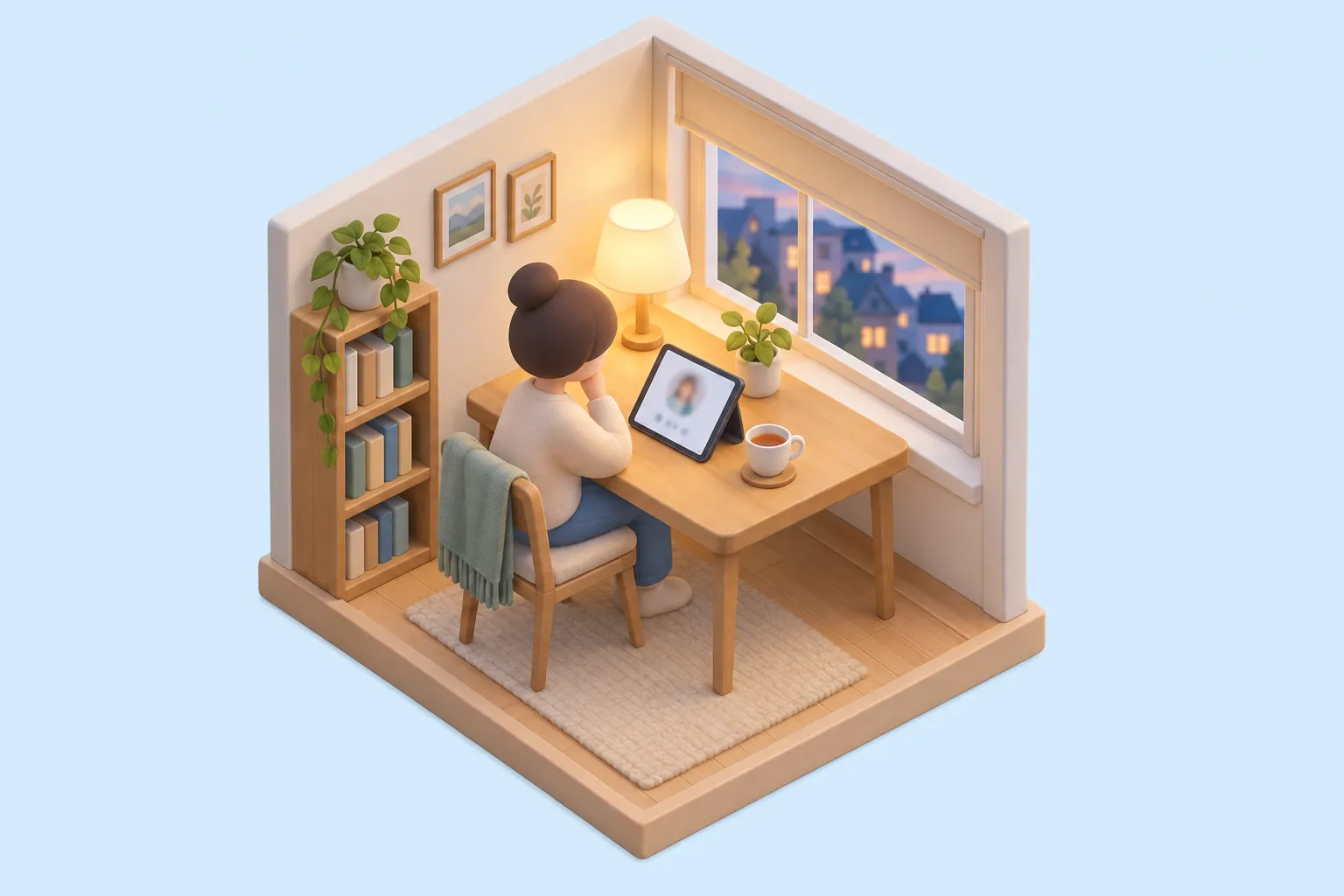 Illustration: en person vid ett fönsterbord en lugn kväll med en surfplatta som visar en suddig profilbild och en kopp te.