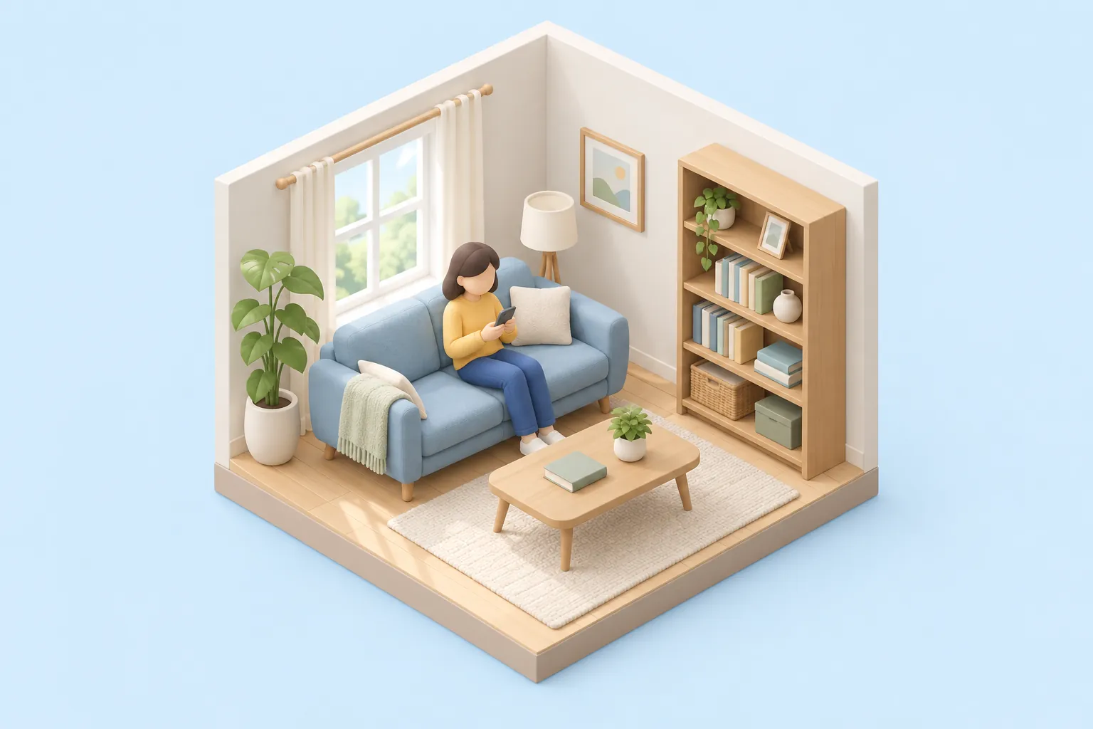 Illustration: en ansiktslös person sitter i en soffa i ett vardagsrum i dagsljus med en mobiltelefon i handen.