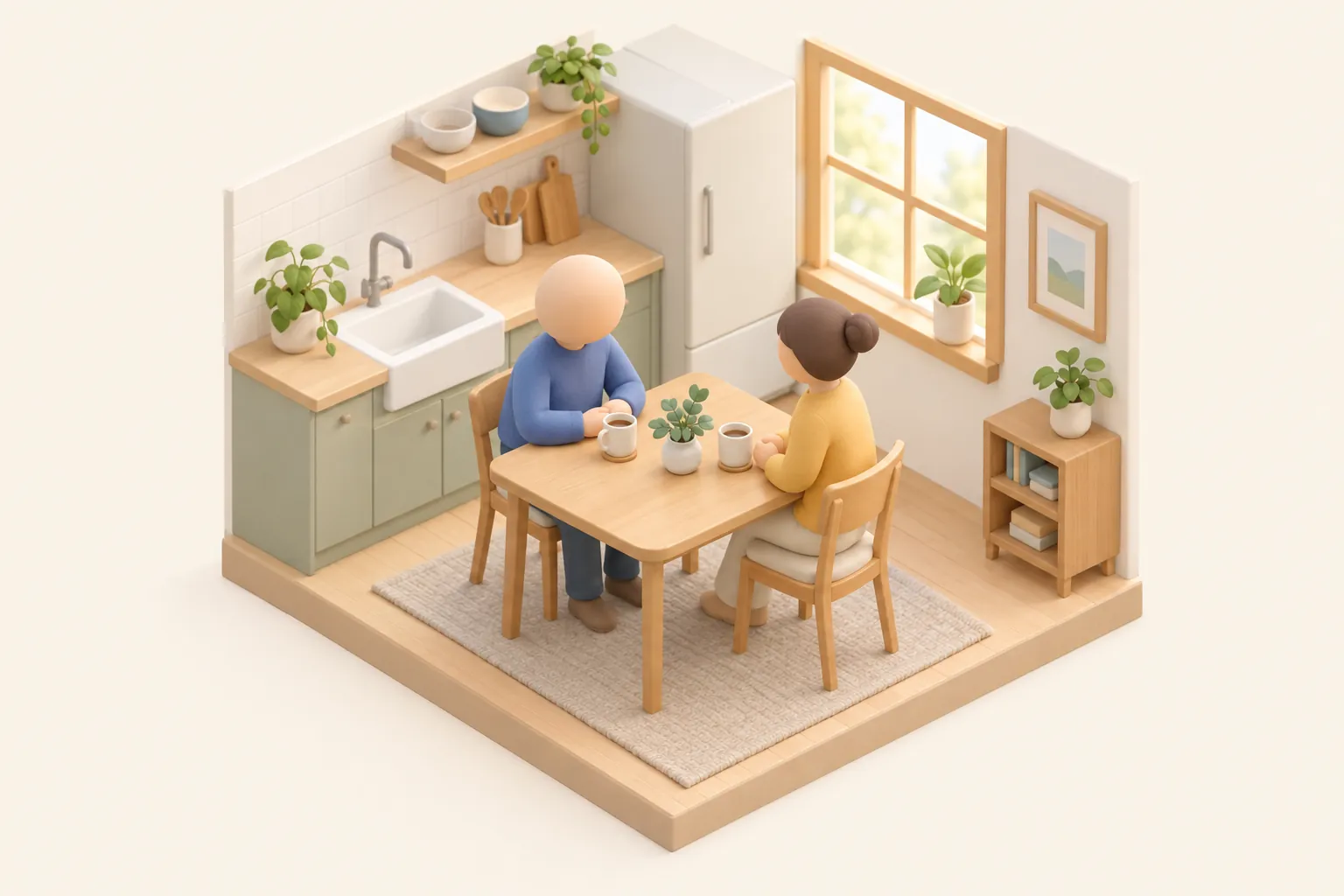 Illustration: två ansiktslösa personer sitter mittemot varandra vid ett köksbord med varsin kopp, symboliskt för att berätta för någon man litar på.