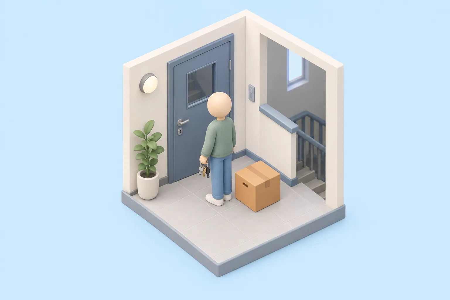 Illustration: en person med en nyckelknippa framför ett låst, tomt trapphus med en flyttkartong bredvid.